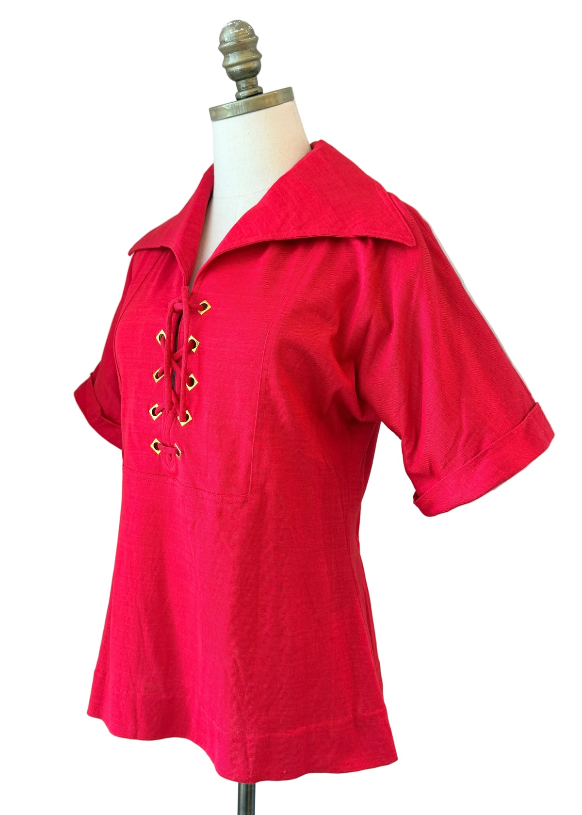 1960s H. Cosentino Capri Red Cotton Tie-Front Top with Dagger Collar