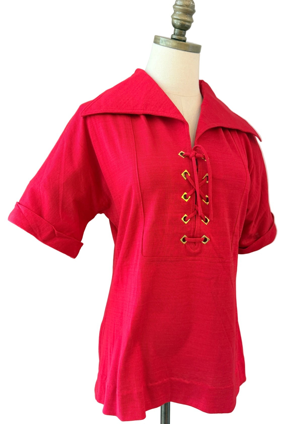 1960s H. Cosentino Capri Red Cotton Tie-Front Top with Dagger Collar