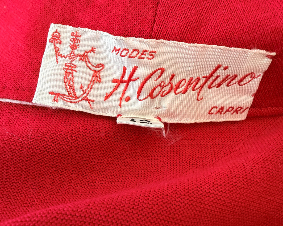 1960s H. Cosentino Capri Red Cotton Tie-Front Top with Dagger Collar