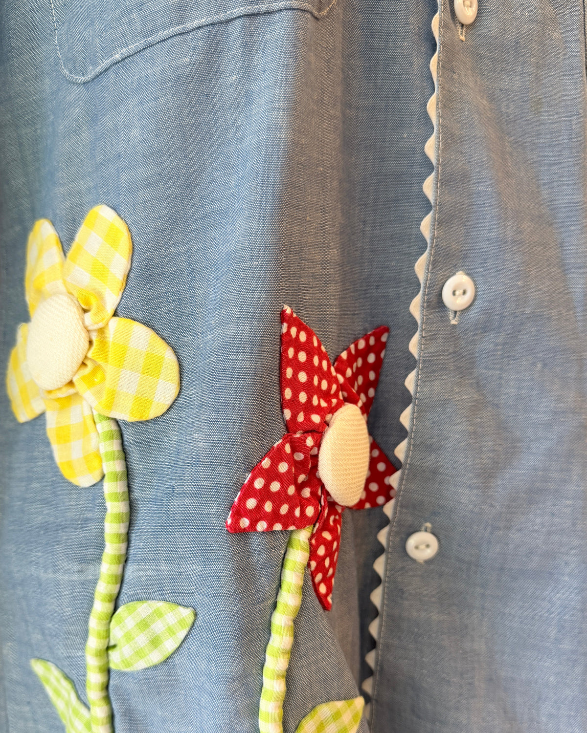1960s JCPenney Big Mac Chambray Shirt with Gingham Puffy Flower Appliqués