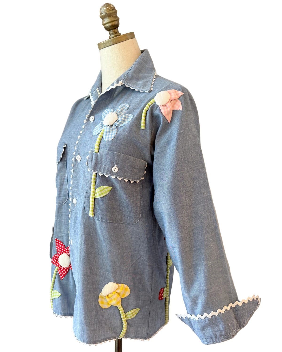1960s JCPenney Big Mac Chambray Shirt with Gingham Puffy Flower Appliqués