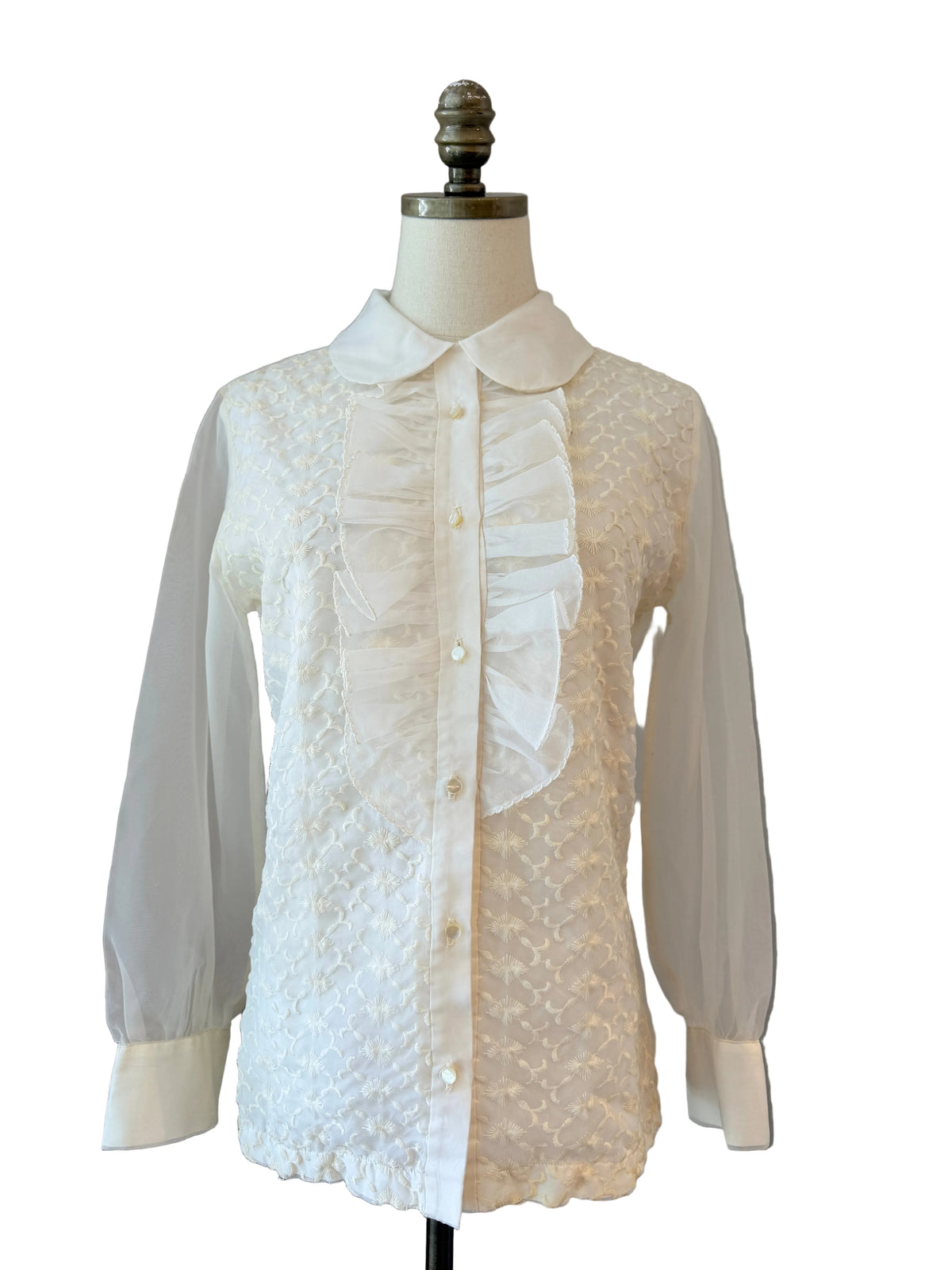 1970s Ivory Organza Lace & Ruffle Tuxedo Blouse with Sheer Sleeves