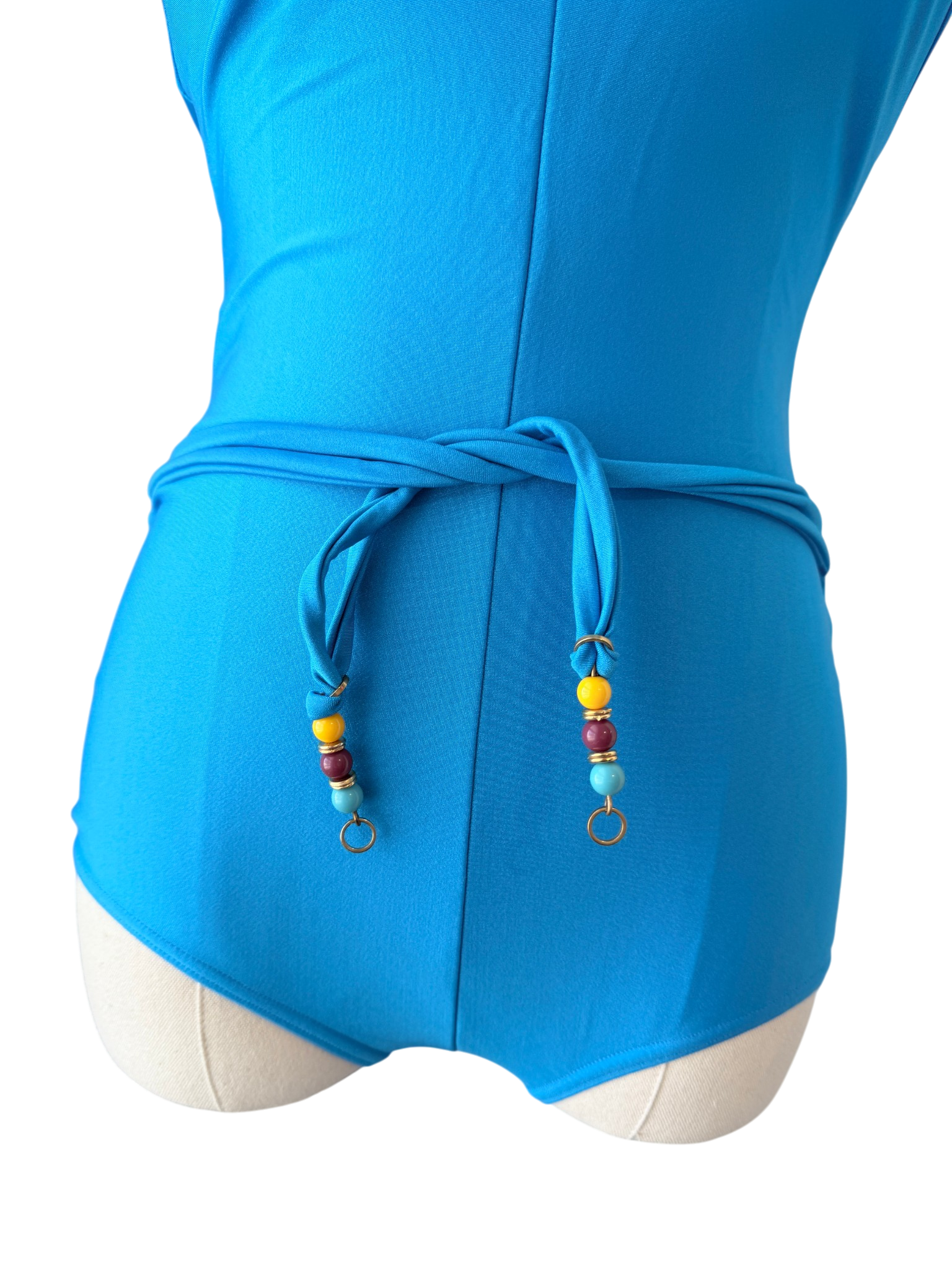 1970s Gottex Teal One-Piece Bathing Suit with Beaded Straps and Belt