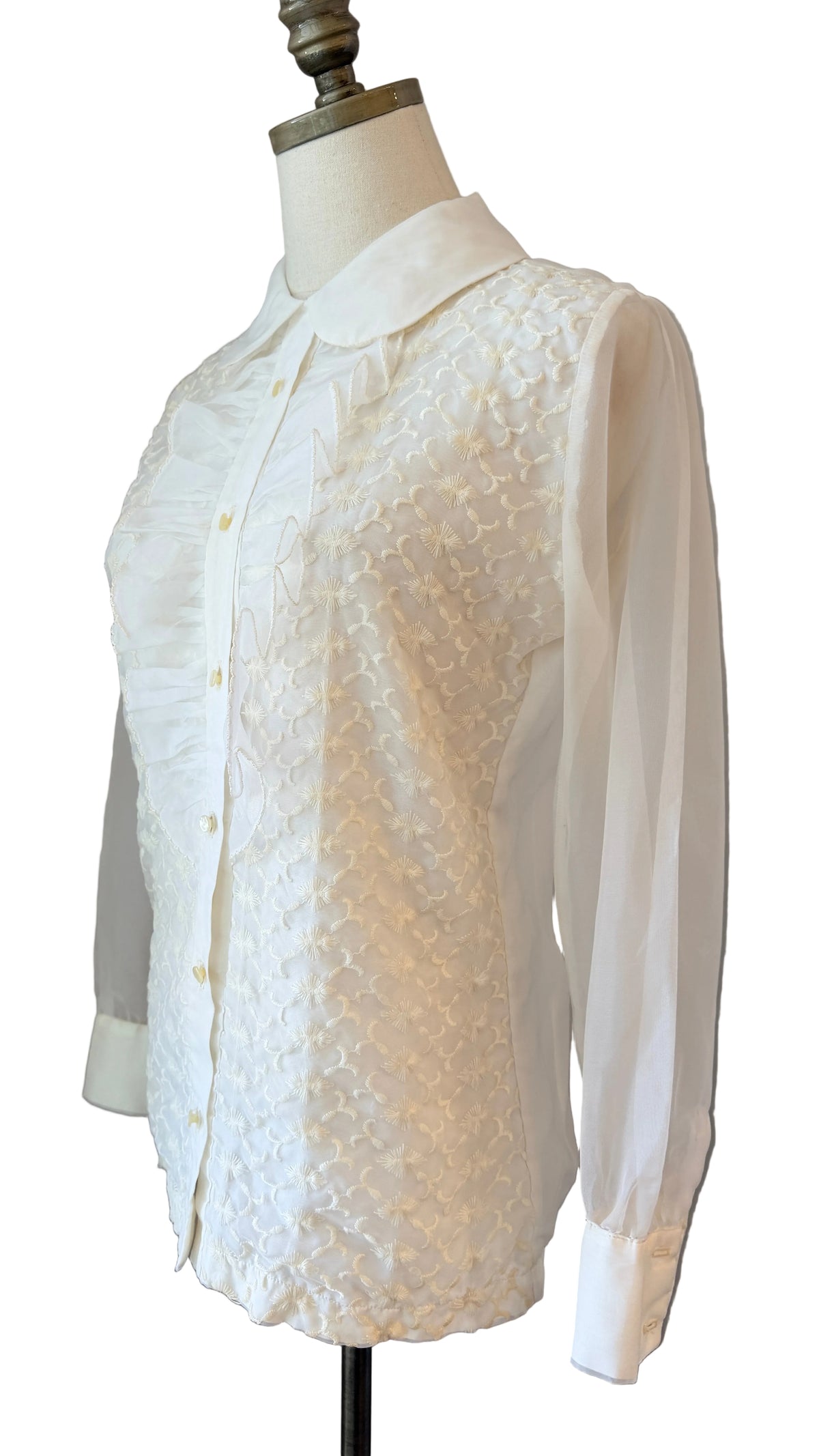 1970s Ivory Organza Lace & Ruffle Tuxedo Blouse with Sheer Sleeves