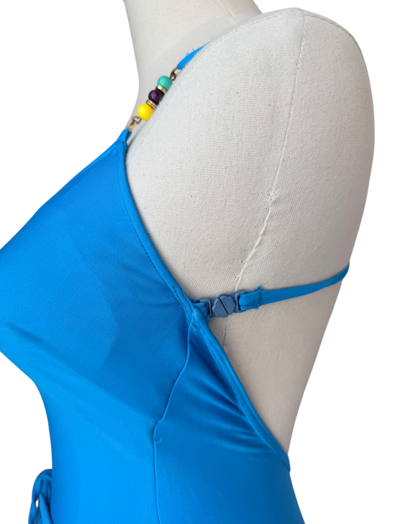 1970s Gottex Teal One-Piece Bathing Suit with Beaded Straps and Belt