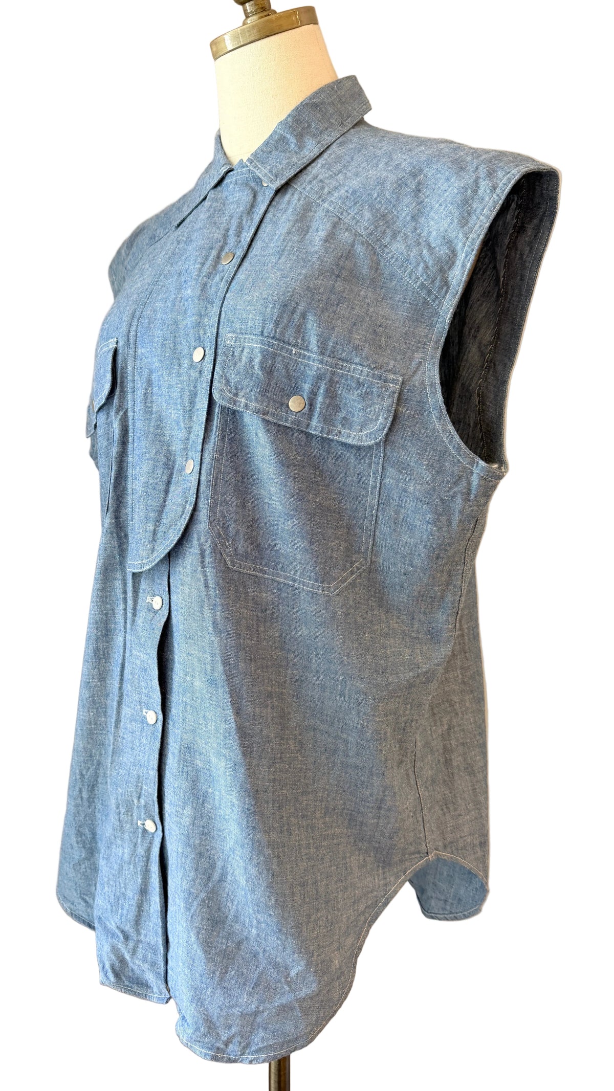 1980s Ralph Lauren Chambray Button-Front Collared Tank with Crossover Snap Panel & Pockets