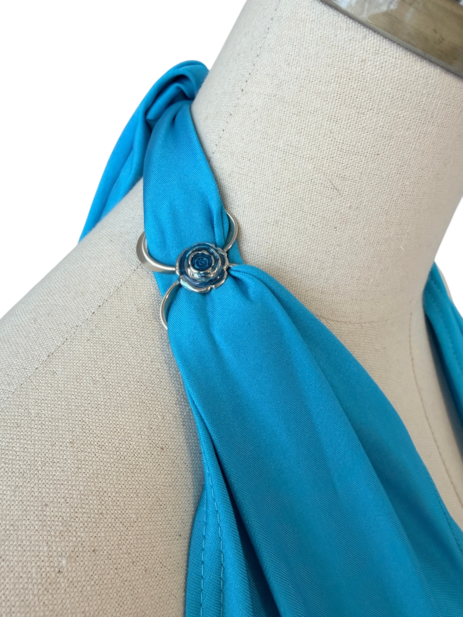 1970s Mazu Teal One-Piece Bathing Suit with Deep V-Neck and Metal Link Tie