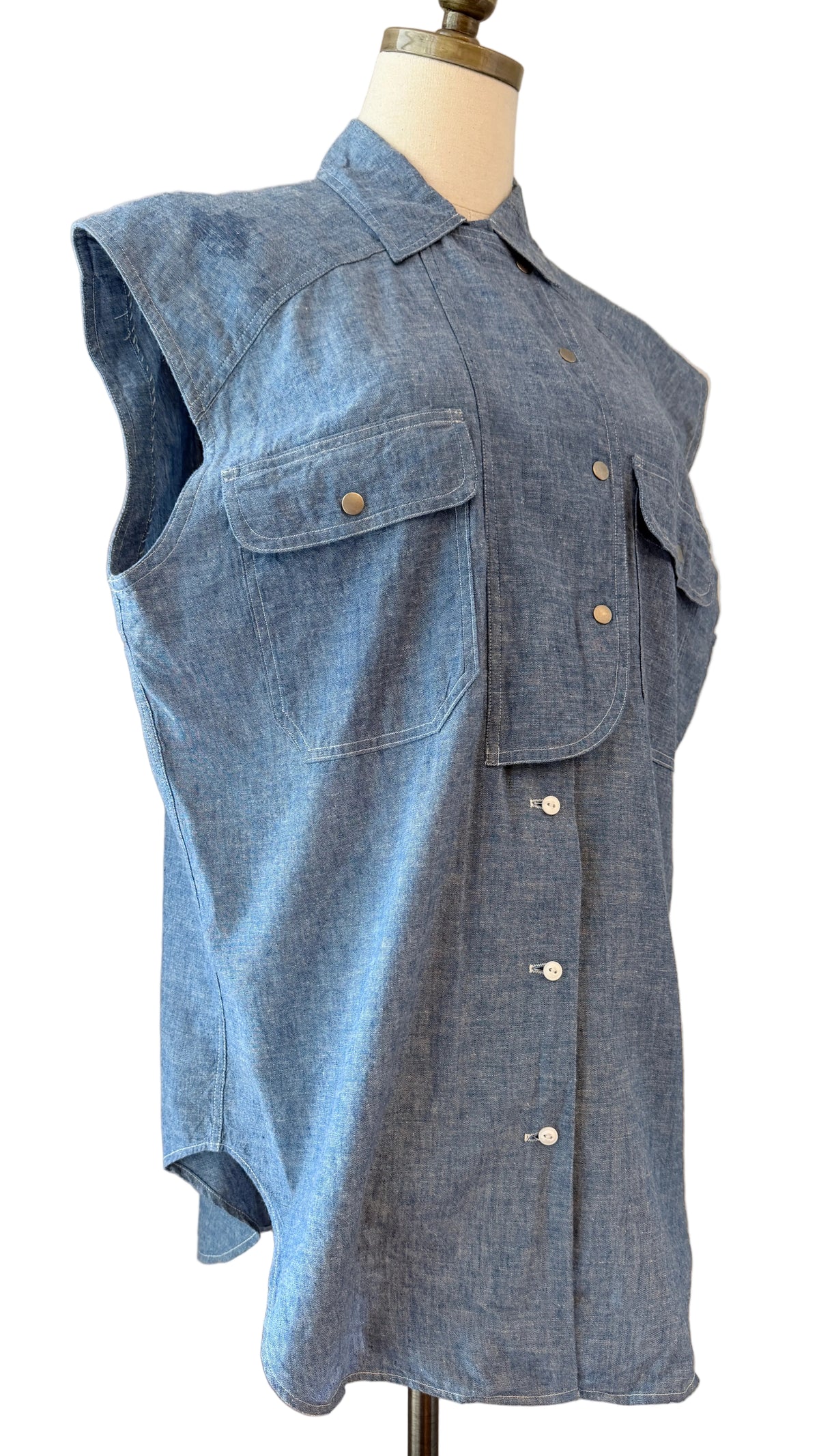 1980s Ralph Lauren Chambray Button-Front Collared Tank with Crossover Snap Panel & Pockets