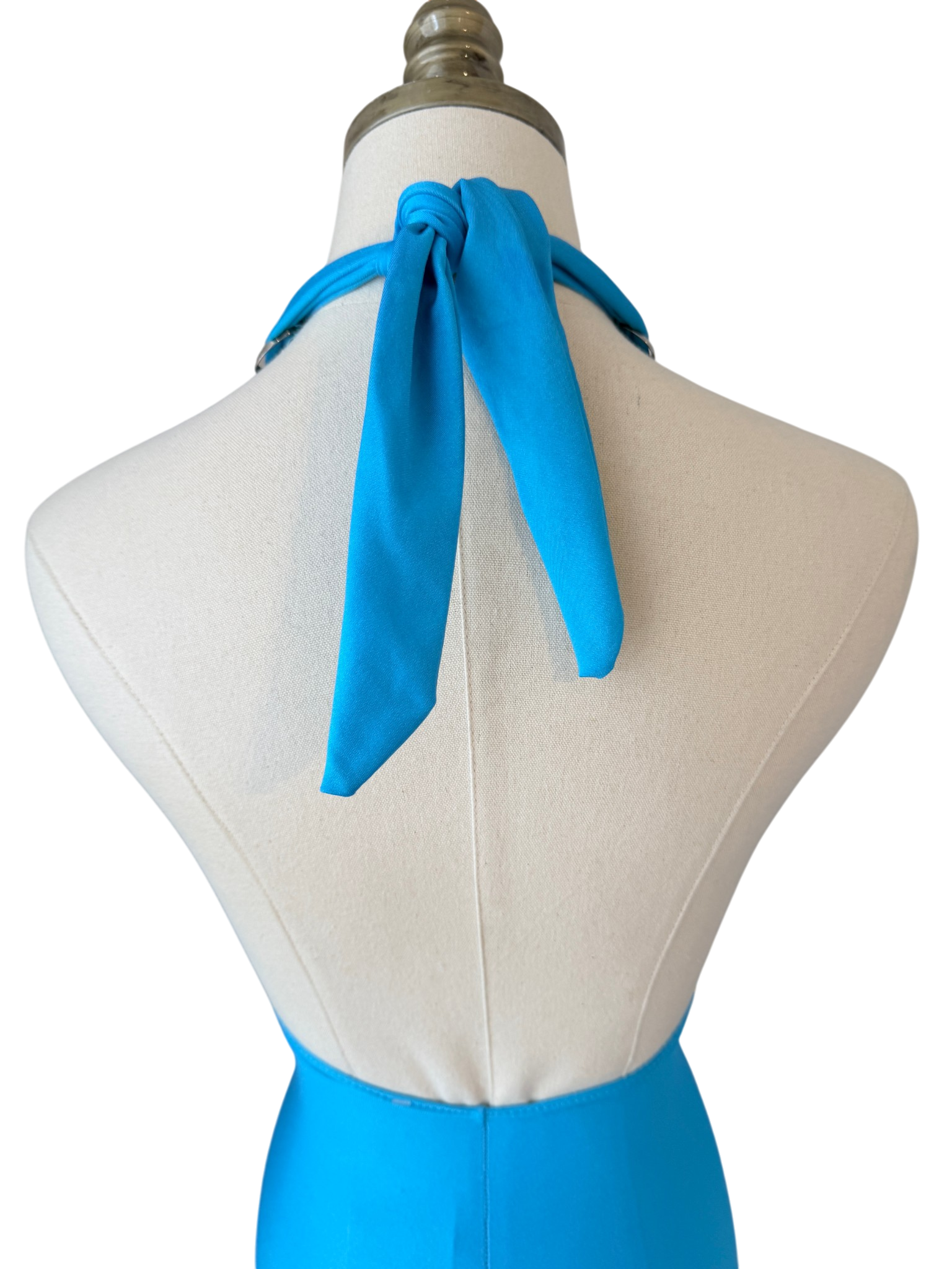 1970s Mazu Teal One-Piece Bathing Suit with Deep V-Neck and Metal Link Tie