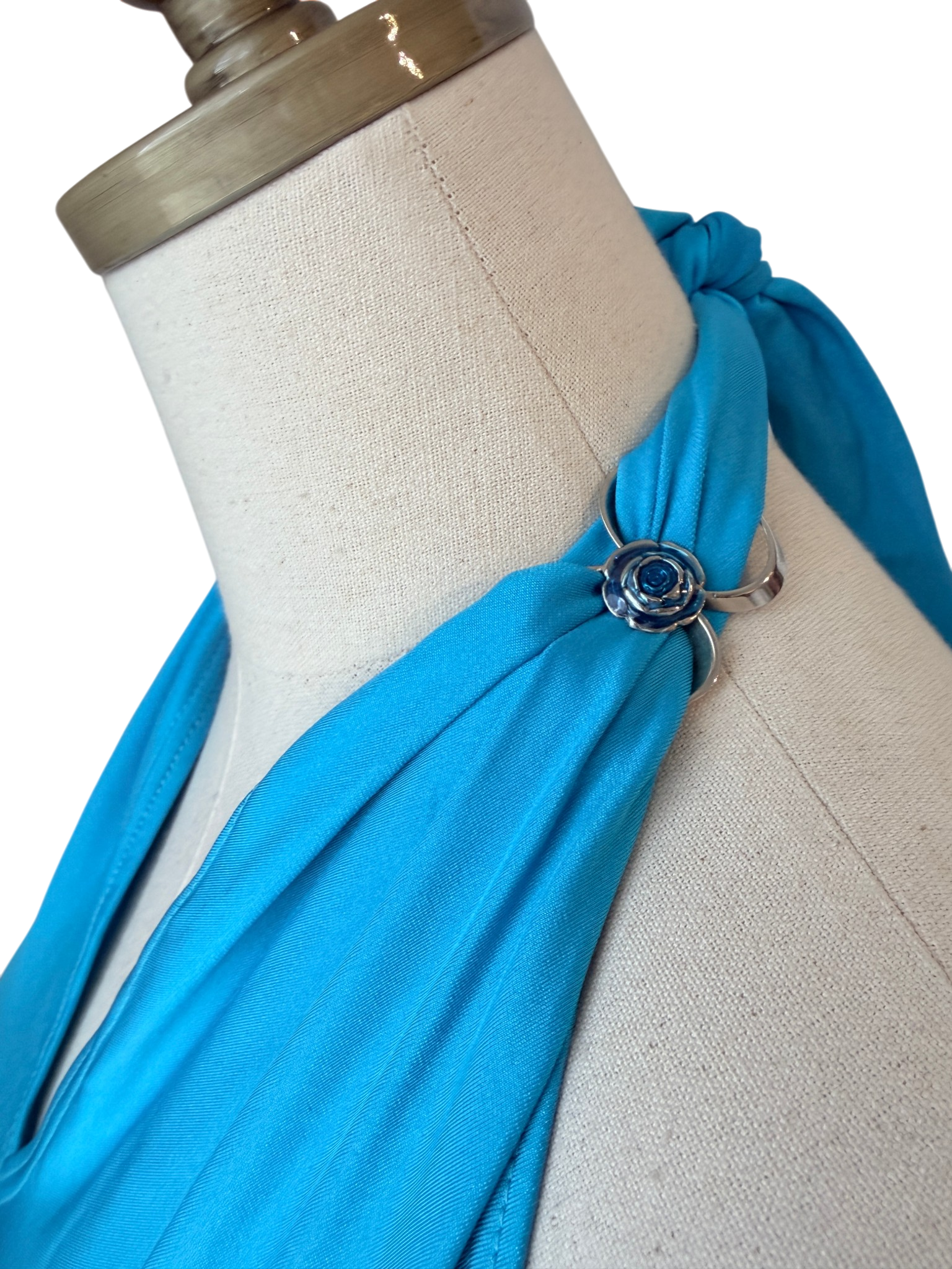1970s Mazu Teal One-Piece Bathing Suit with Deep V-Neck and Metal Link Tie