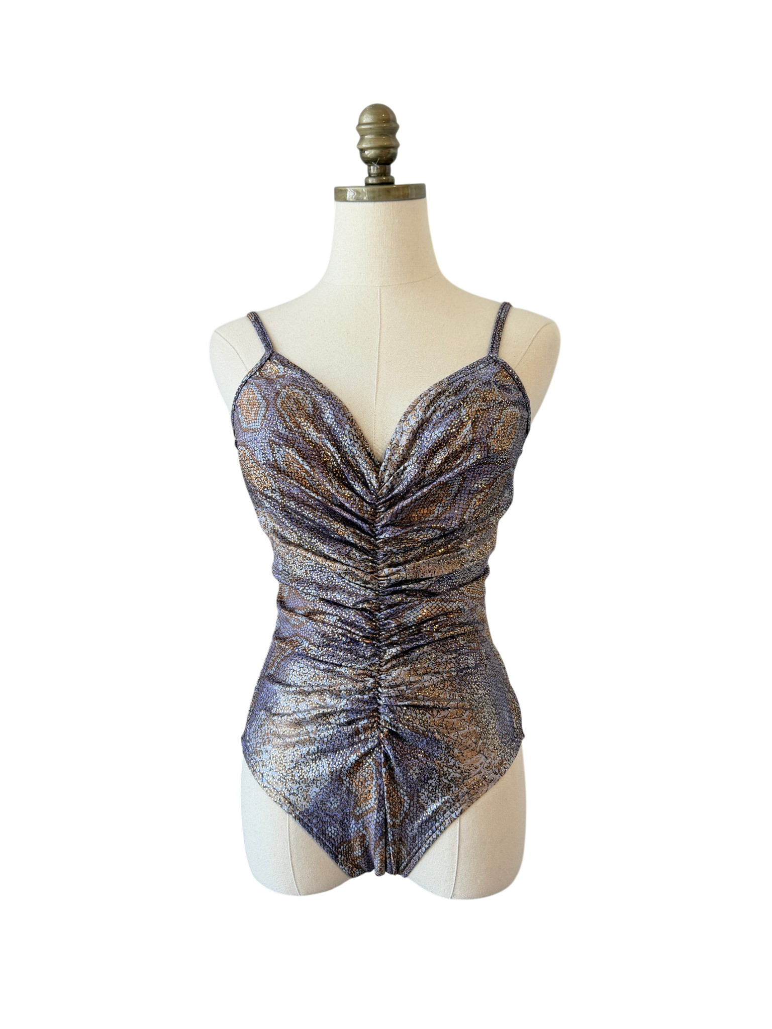 1970s Bill Blass Strappy Ruched Lizard Print Lamé Bathing Suit