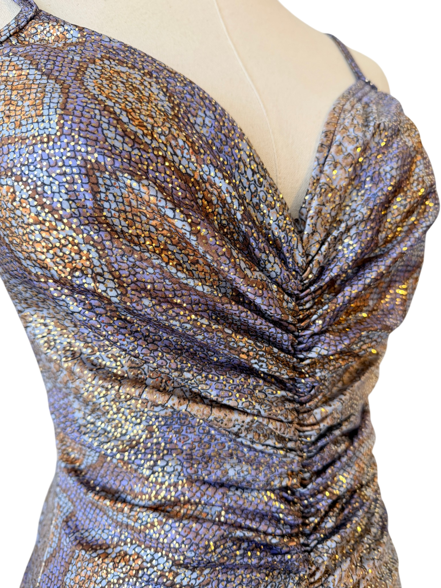 1970s Bill Blass Strappy Ruched Lizard Print Lamé Bathing Suit
