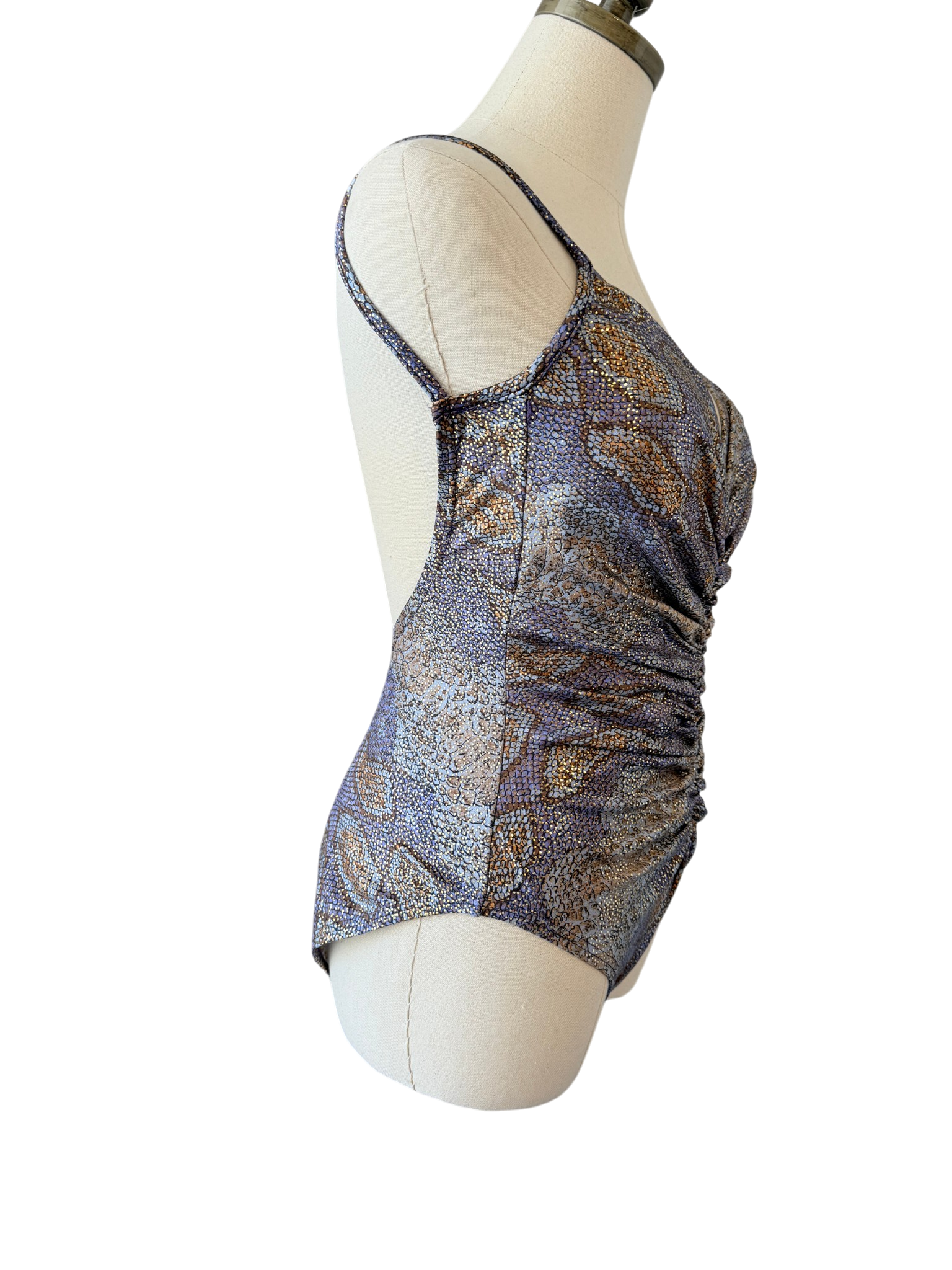 1970s Bill Blass Strappy Ruched Lizard Print Lamé Bathing Suit