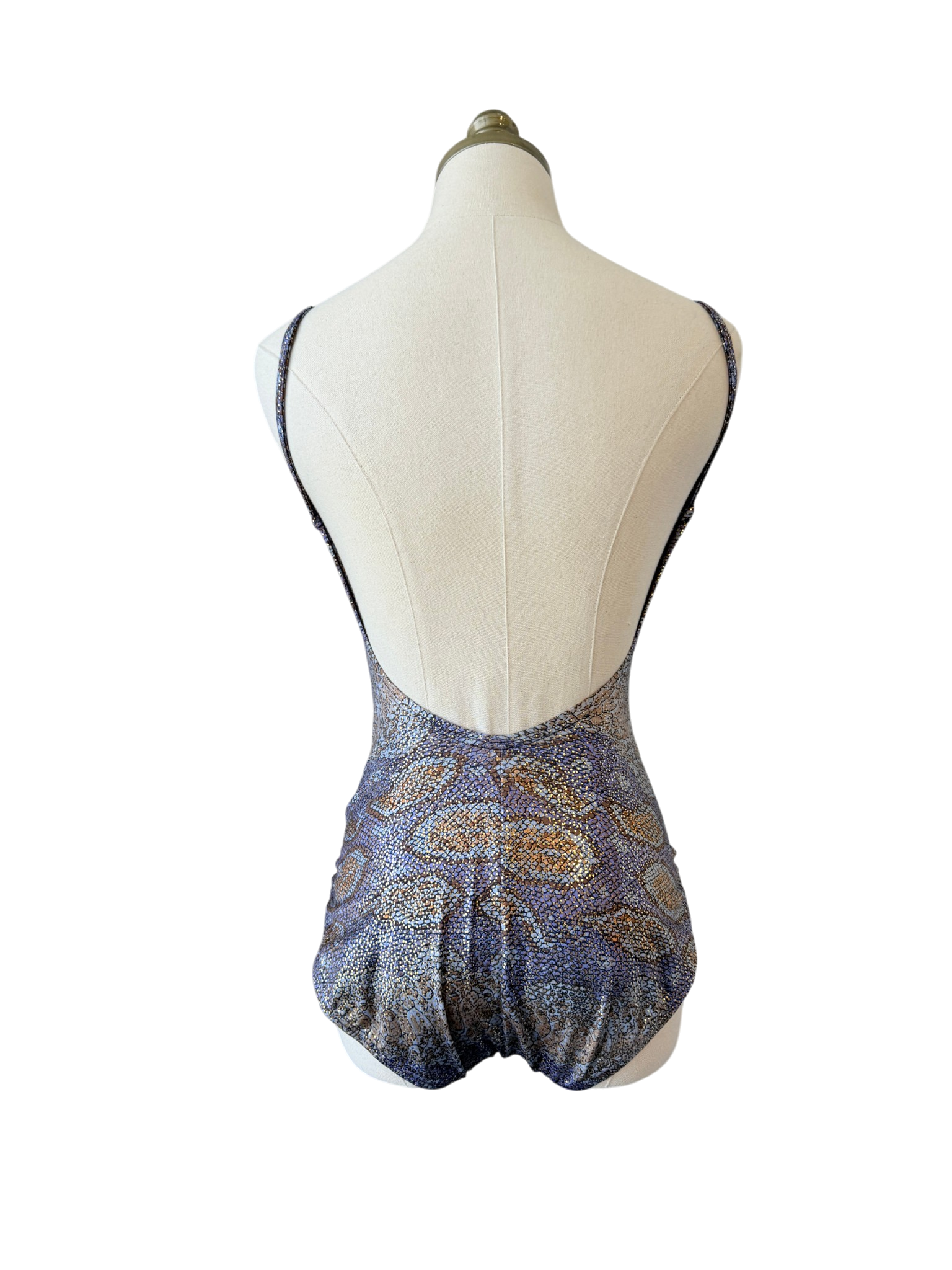 1970s Bill Blass Strappy Ruched Lizard Print Lamé Bathing Suit