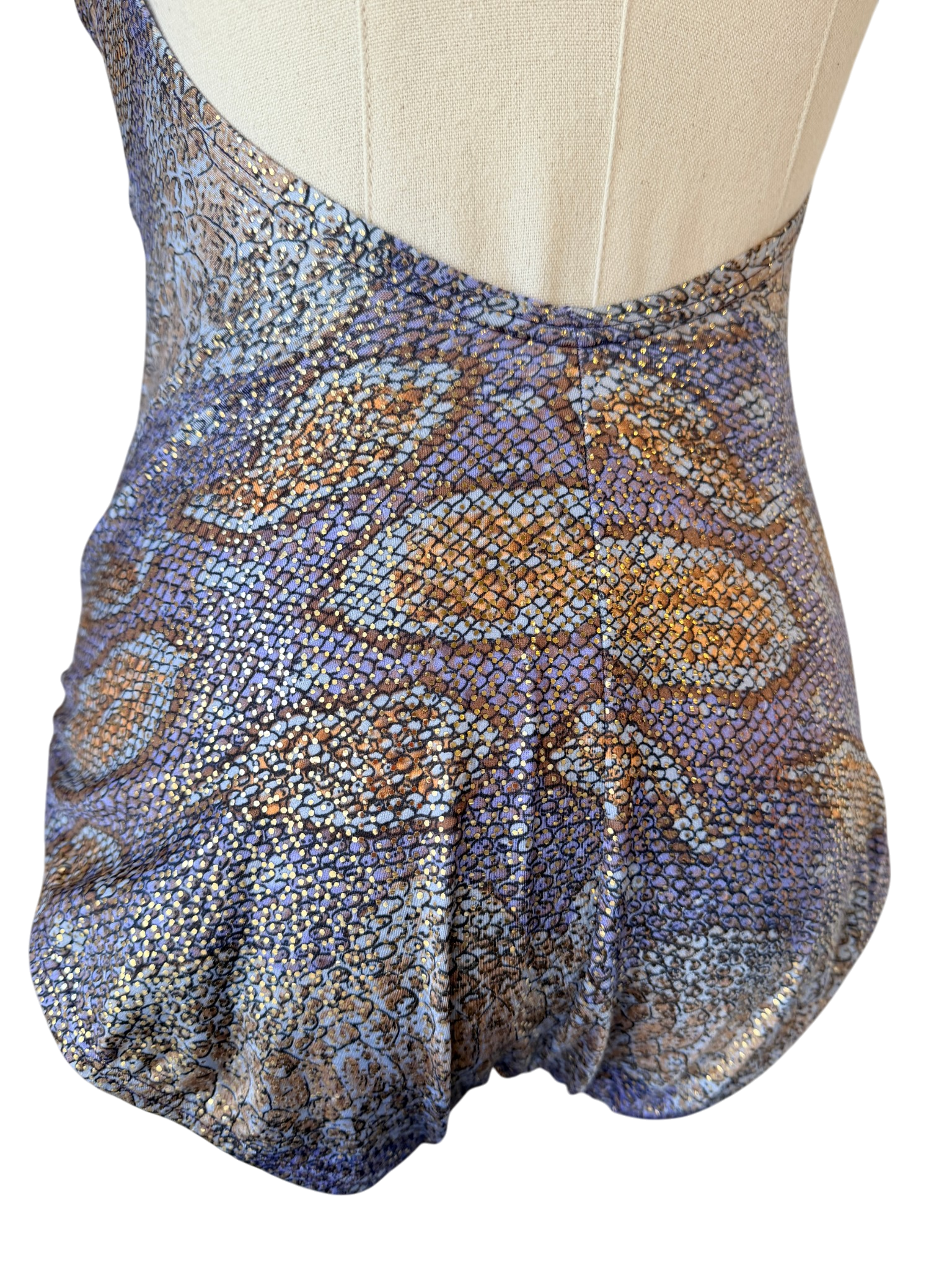 1970s Bill Blass Strappy Ruched Lizard Print Lamé Bathing Suit