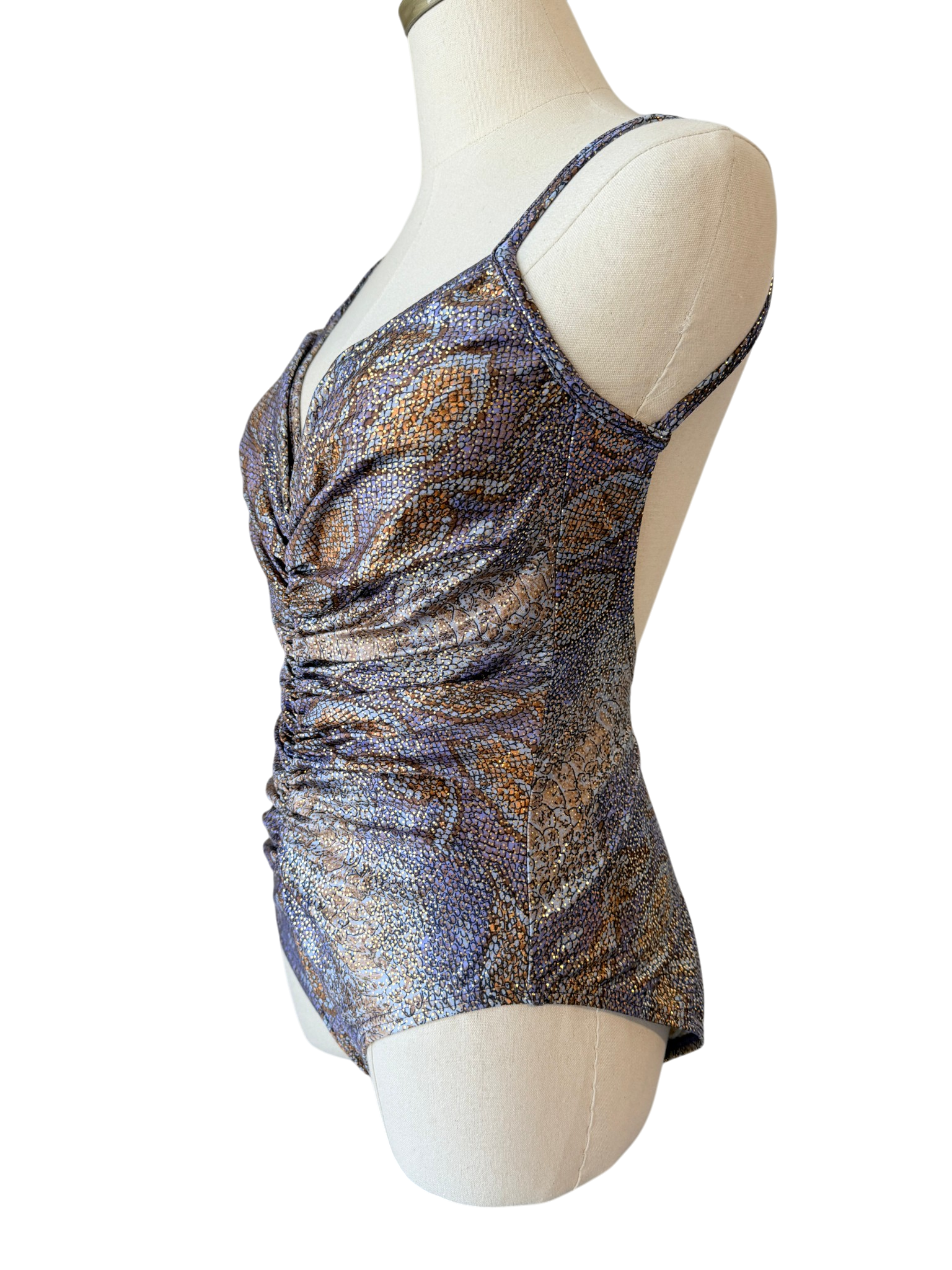 1970s Bill Blass Strappy Ruched Lizard Print Lamé Bathing Suit