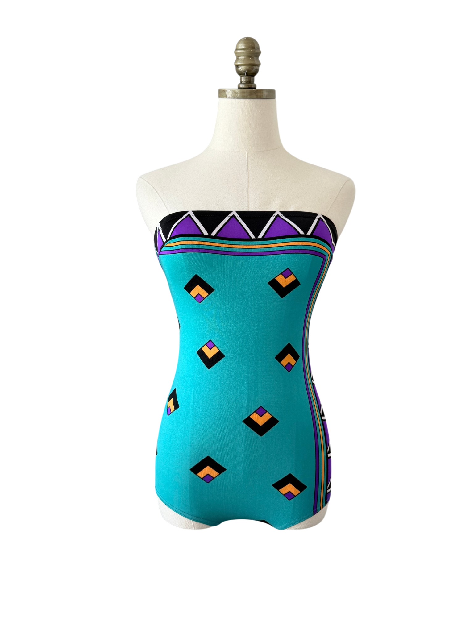 1970s Gottex Teal Strapless One-Piece Swimsuit with Jewel Tone Print