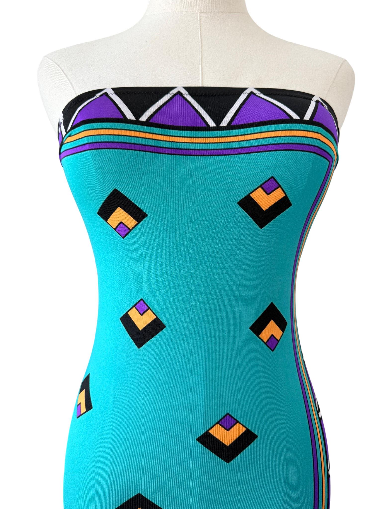 1970s Gottex Teal Strapless One-Piece Swimsuit with Jewel Tone Print