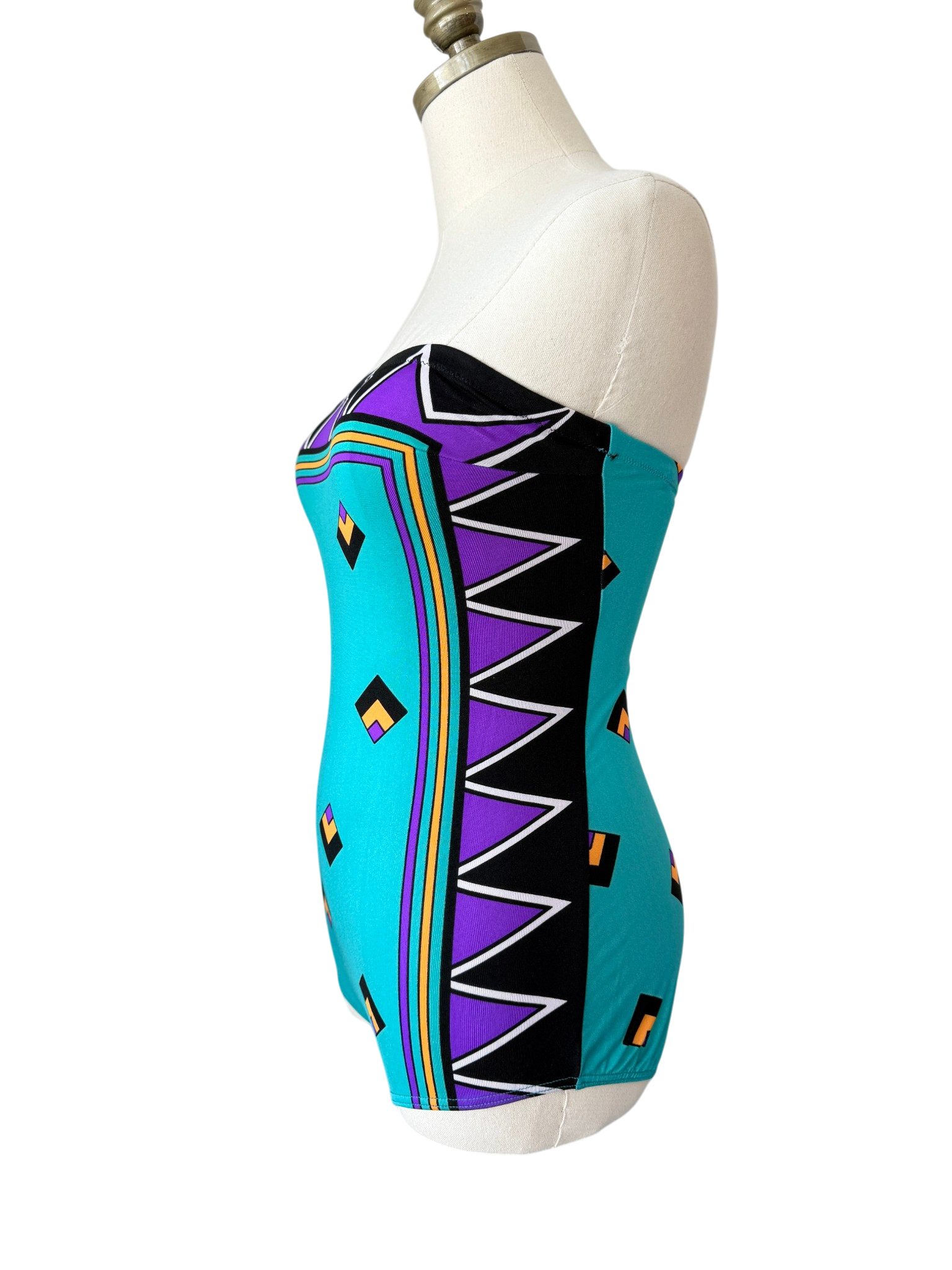 1970s Gottex Teal Strapless One-Piece Swimsuit with Jewel Tone Print