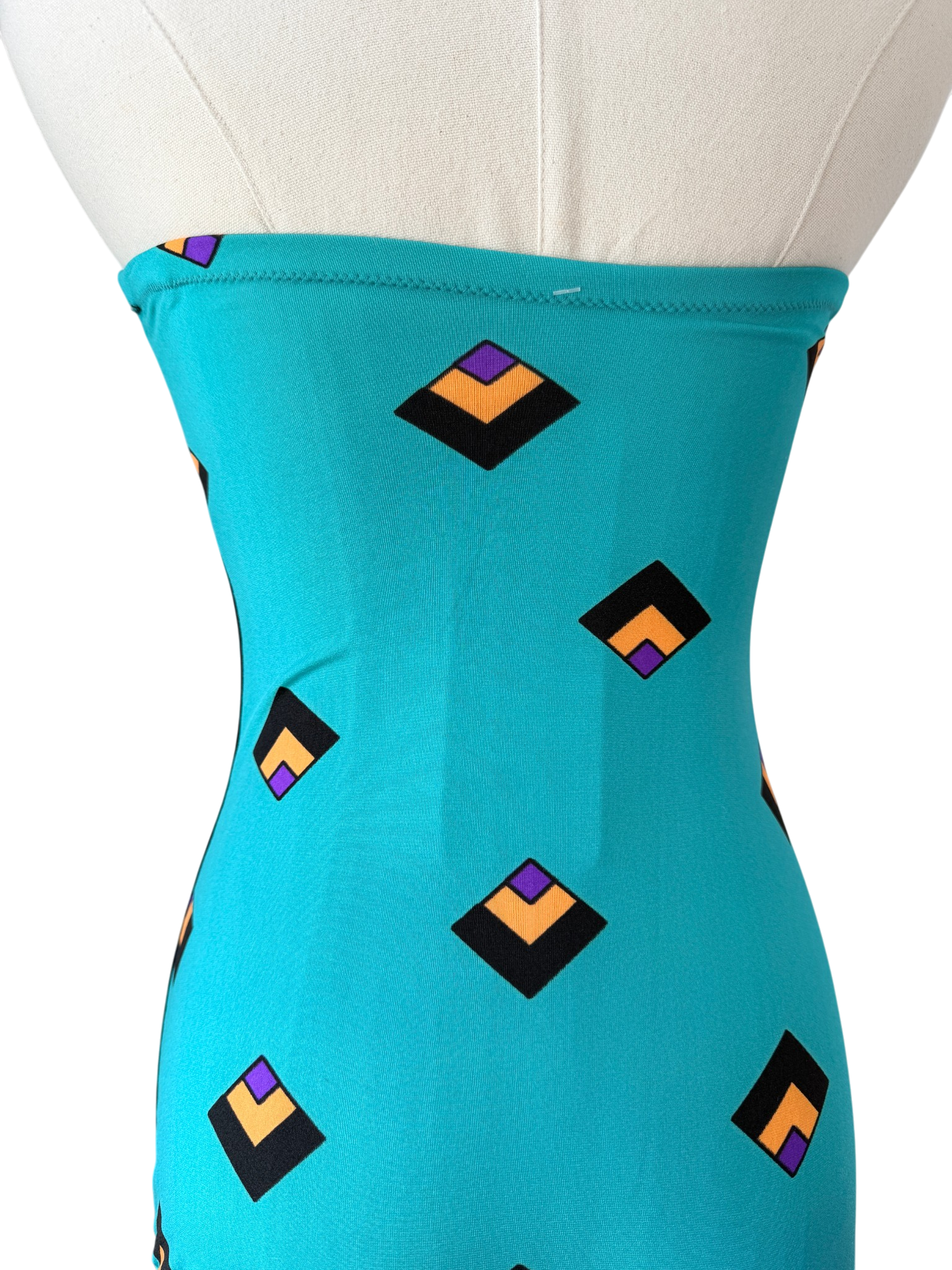 1970s Gottex Teal Strapless One-Piece Swimsuit with Jewel Tone Print