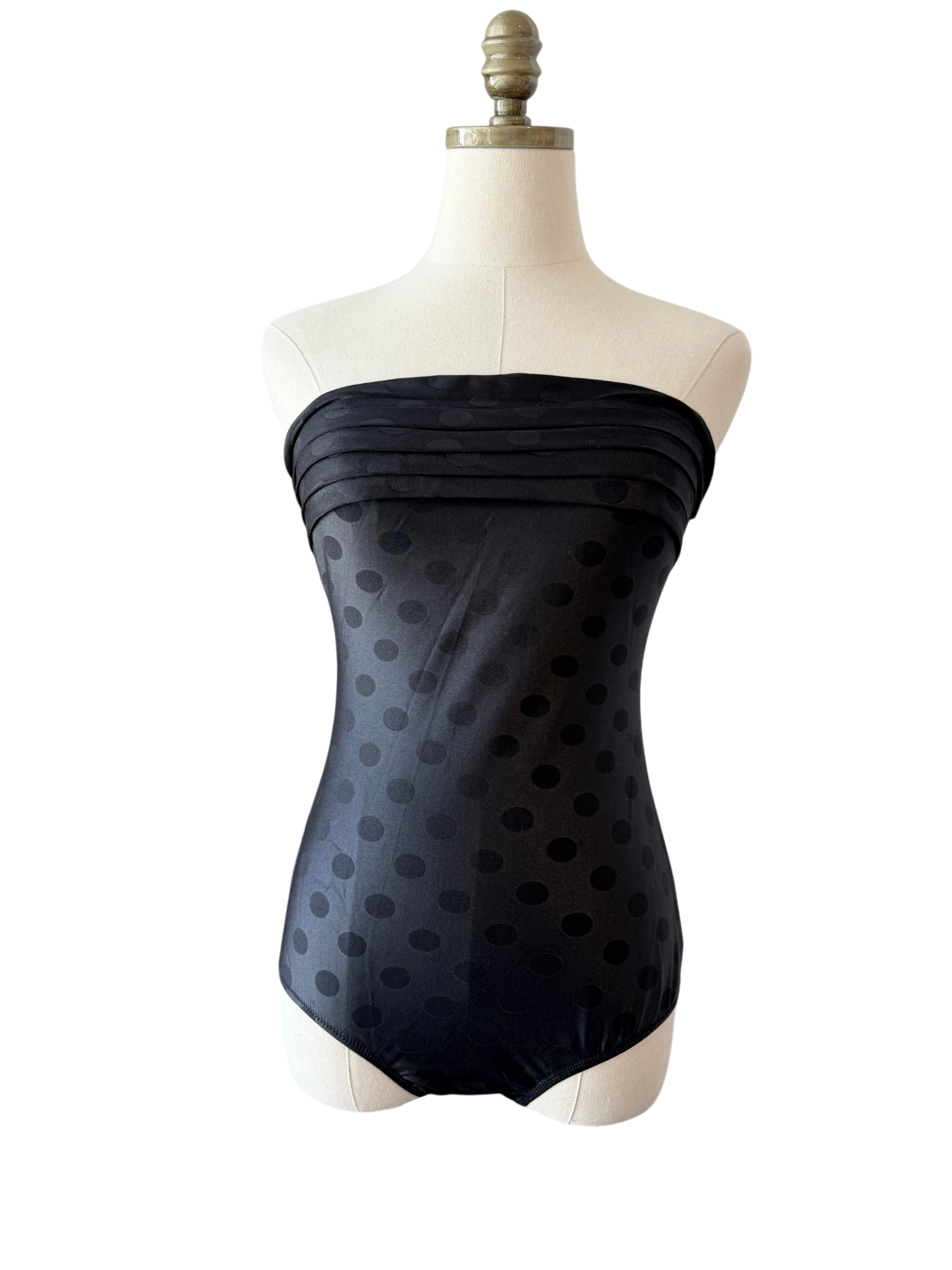1970s Gottex Black Strapless Pleated Swimsuit with Polka Dots