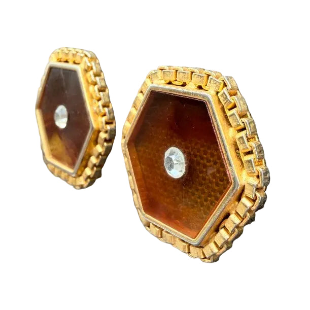 1960s Gold-Tone Pentagon Box-Chain Earrings with Tortoiseshell Glass &amp; Rhinestones