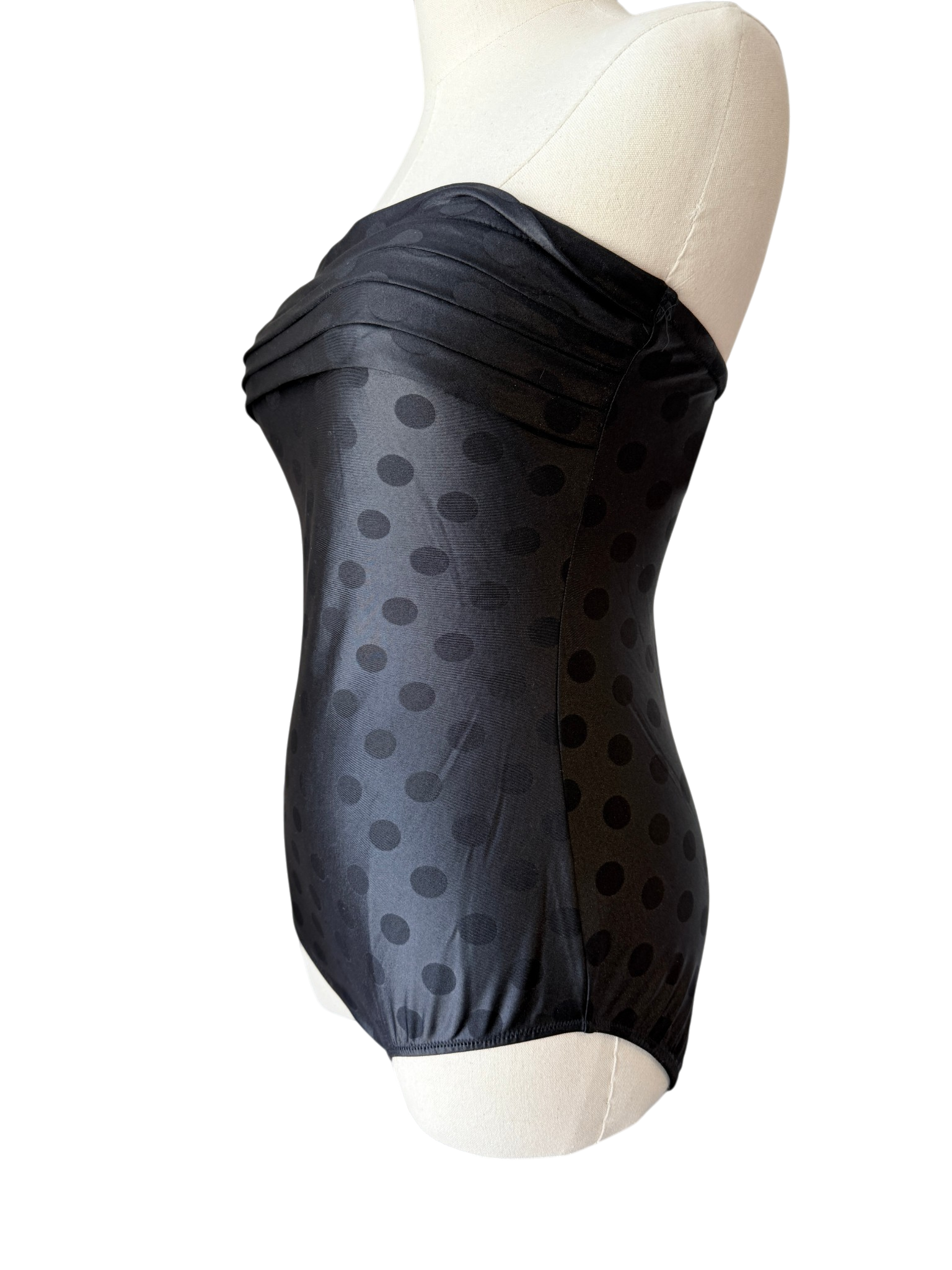 1970s Gottex Black Strapless Pleated Swimsuit with Polka Dots
