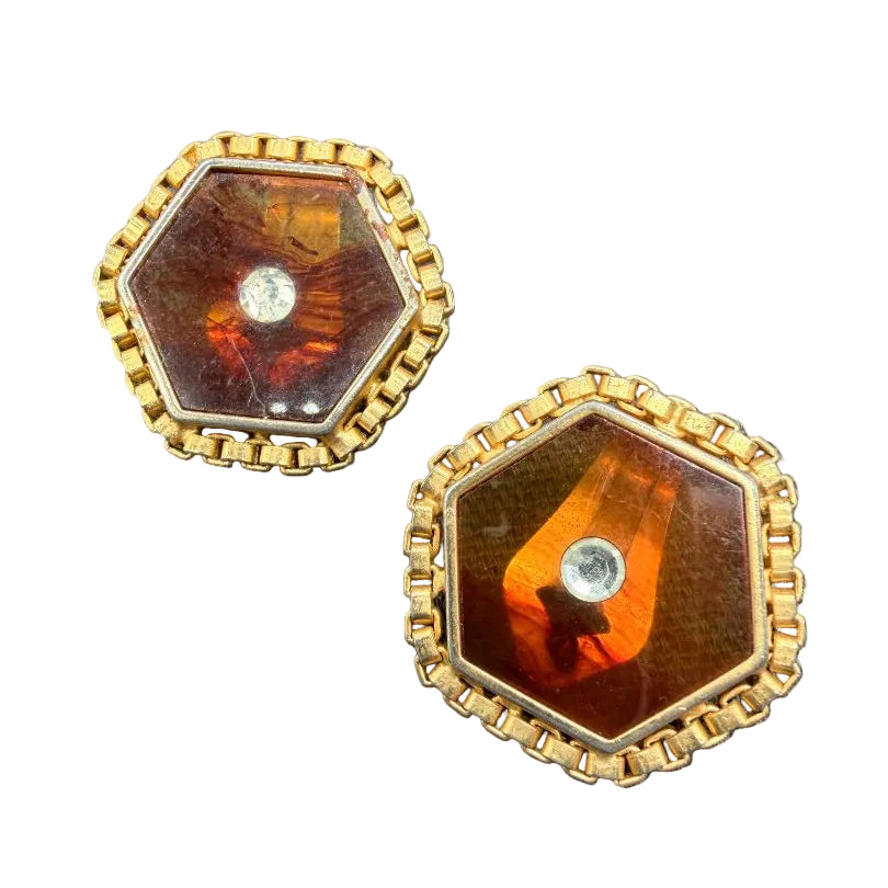 1960s Gold-Tone Pentagon Box-Chain Earrings with Tortoiseshell Glass &amp; Rhinestones
