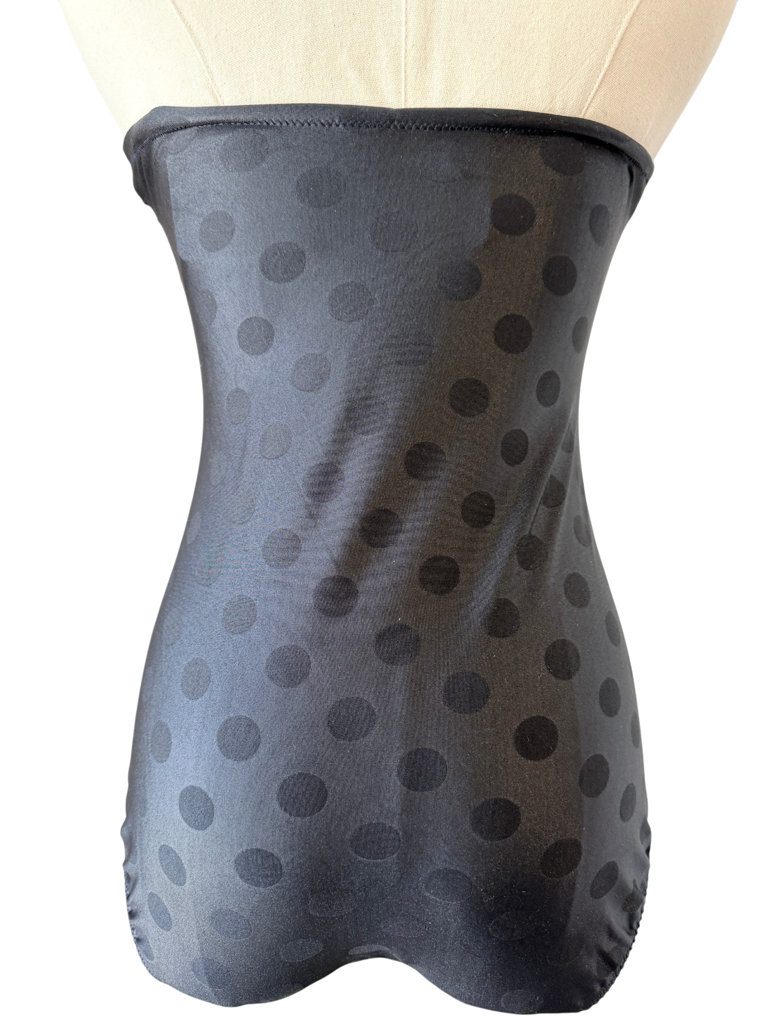 1970s Gottex Black Strapless Pleated Swimsuit with Polka Dots