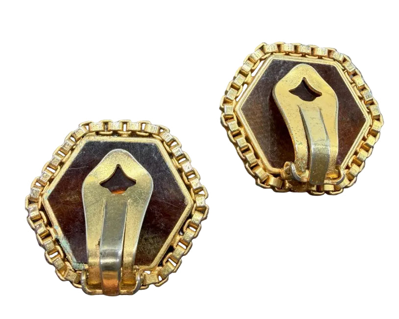 1960s Gold-Tone Pentagon Box-Chain Earrings with Tortoiseshell Glass &amp; Rhinestones