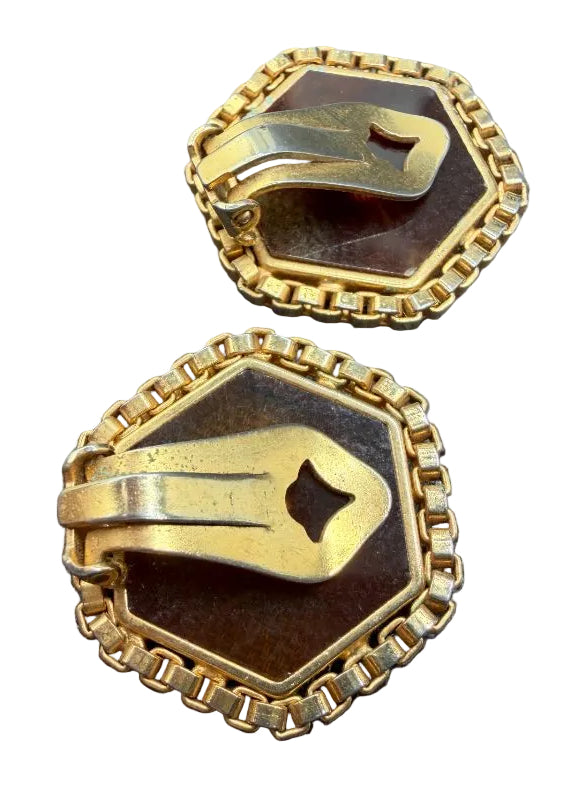 1960s Gold-Tone Pentagon Box-Chain Earrings with Tortoiseshell Glass &amp; Rhinestones