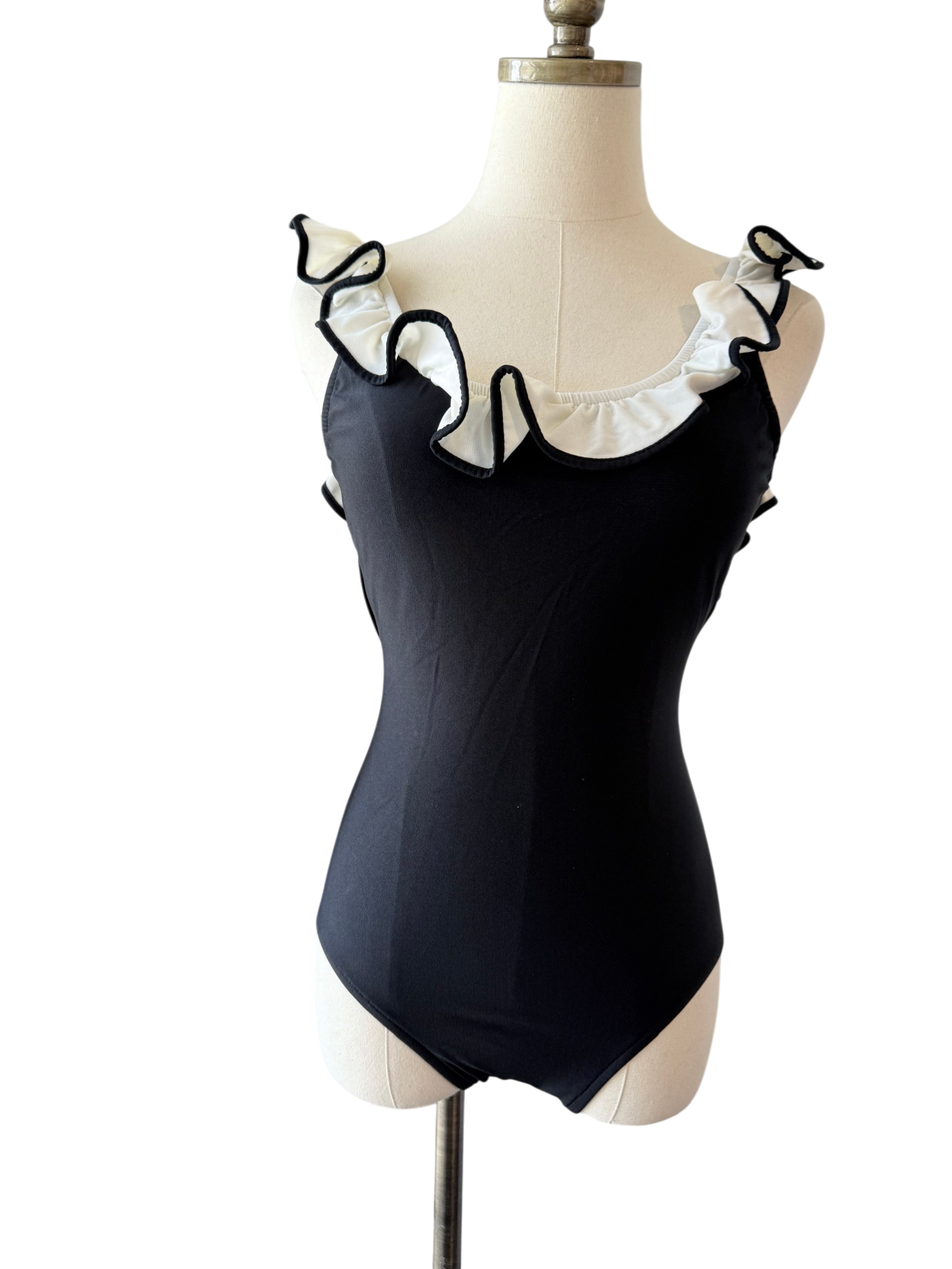 1970s Black One-Piece Bathing Suit with White Ruffle Trim