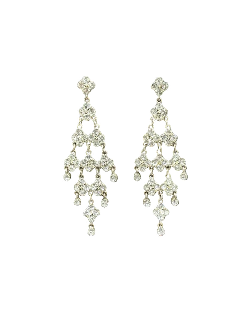 1970s Silver-Tone Clear Rhinestone Floral Chandelier Earrings