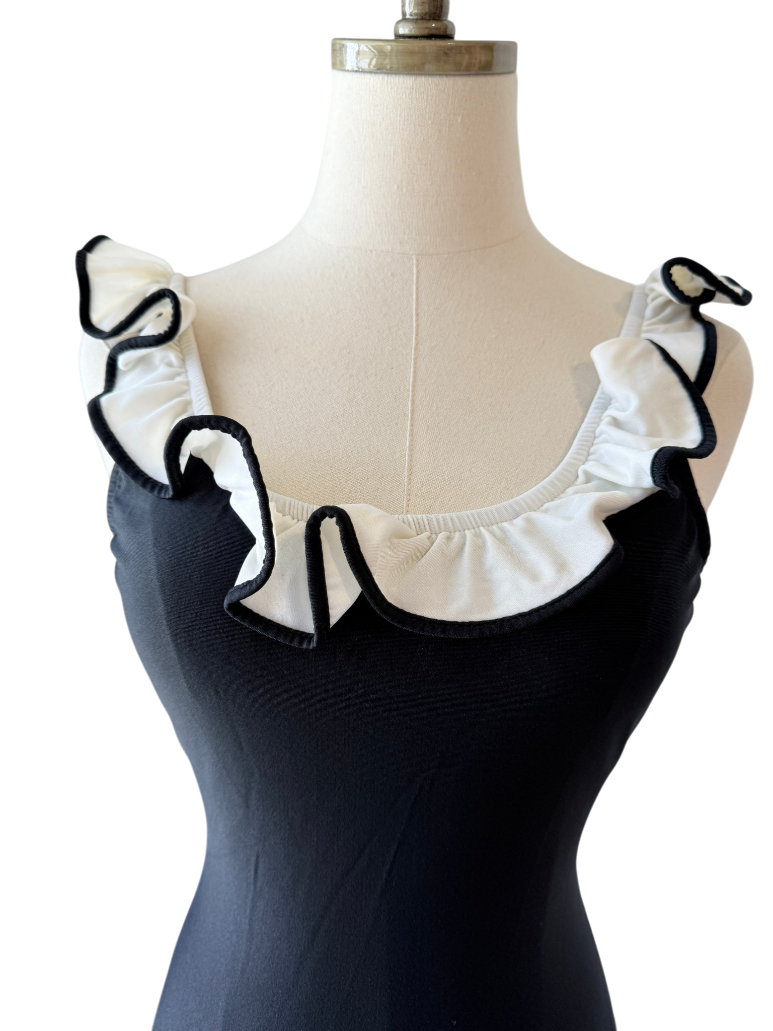 1970s Black One-Piece Bathing Suit with White Ruffle Trim