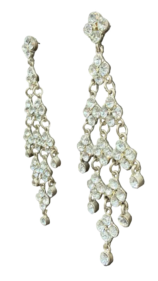 1970s Silver-Tone Clear Rhinestone Floral Chandelier Earrings
