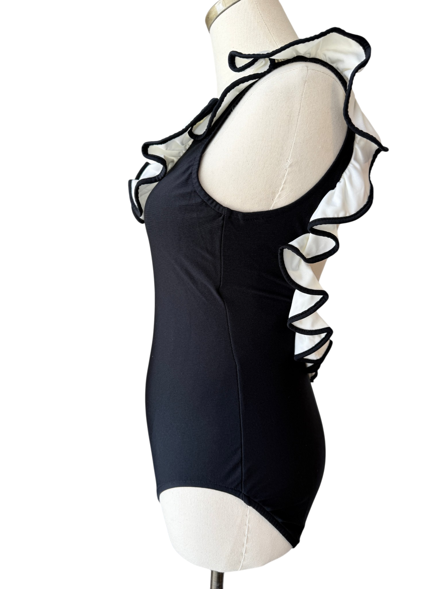 1970s Black One-Piece Bathing Suit with White Ruffle Trim