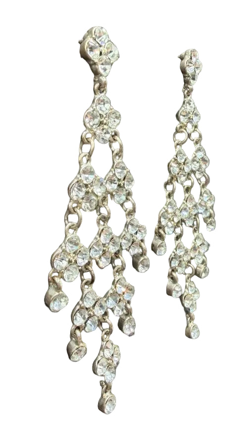 1970s Silver-Tone Clear Rhinestone Floral Chandelier Earrings