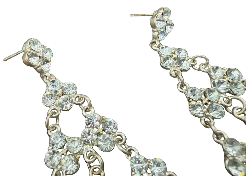 1970s Silver-Tone Clear Rhinestone Floral Chandelier Earrings