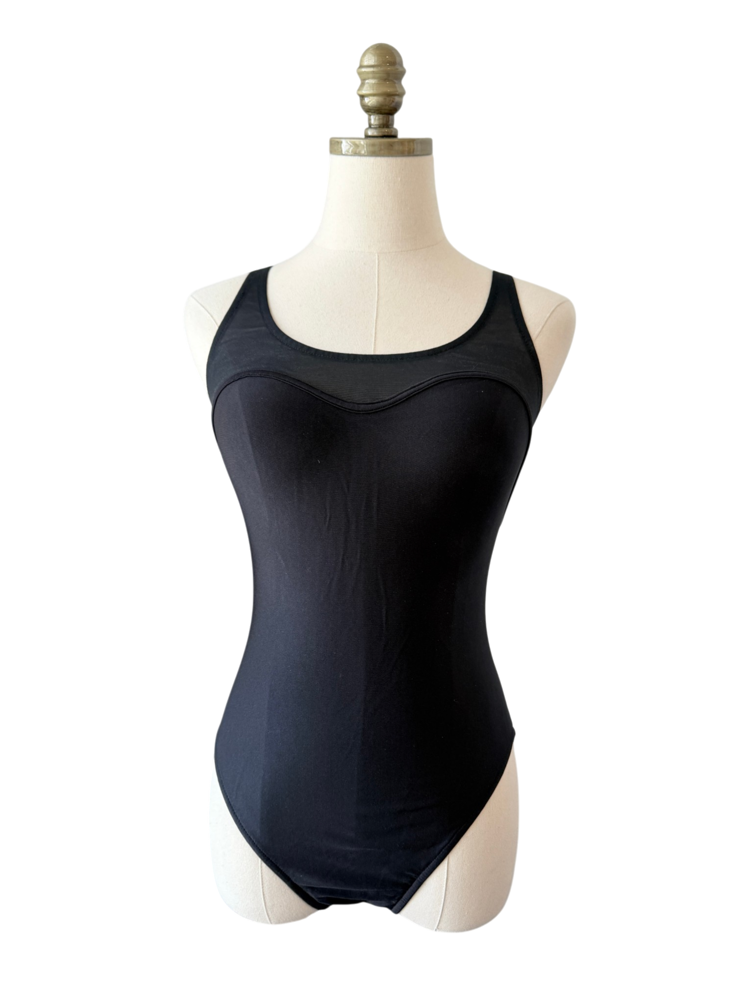 1970s Union Made Black One-Piece Bathing Suit with Mesh Top Detail