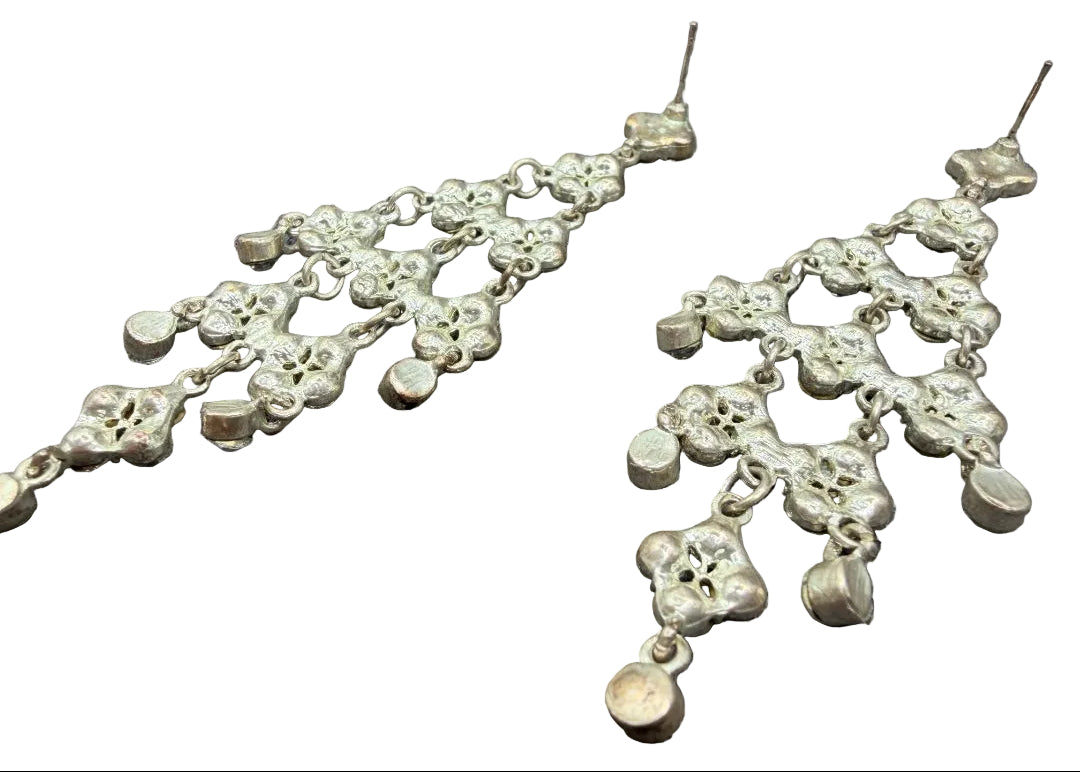 1970s Silver-Tone Clear Rhinestone Floral Chandelier Earrings