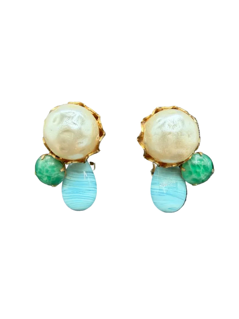 1950s Gold-Tone Green & Aqua Glass Bead Cluster Earrings with Faux Pearl