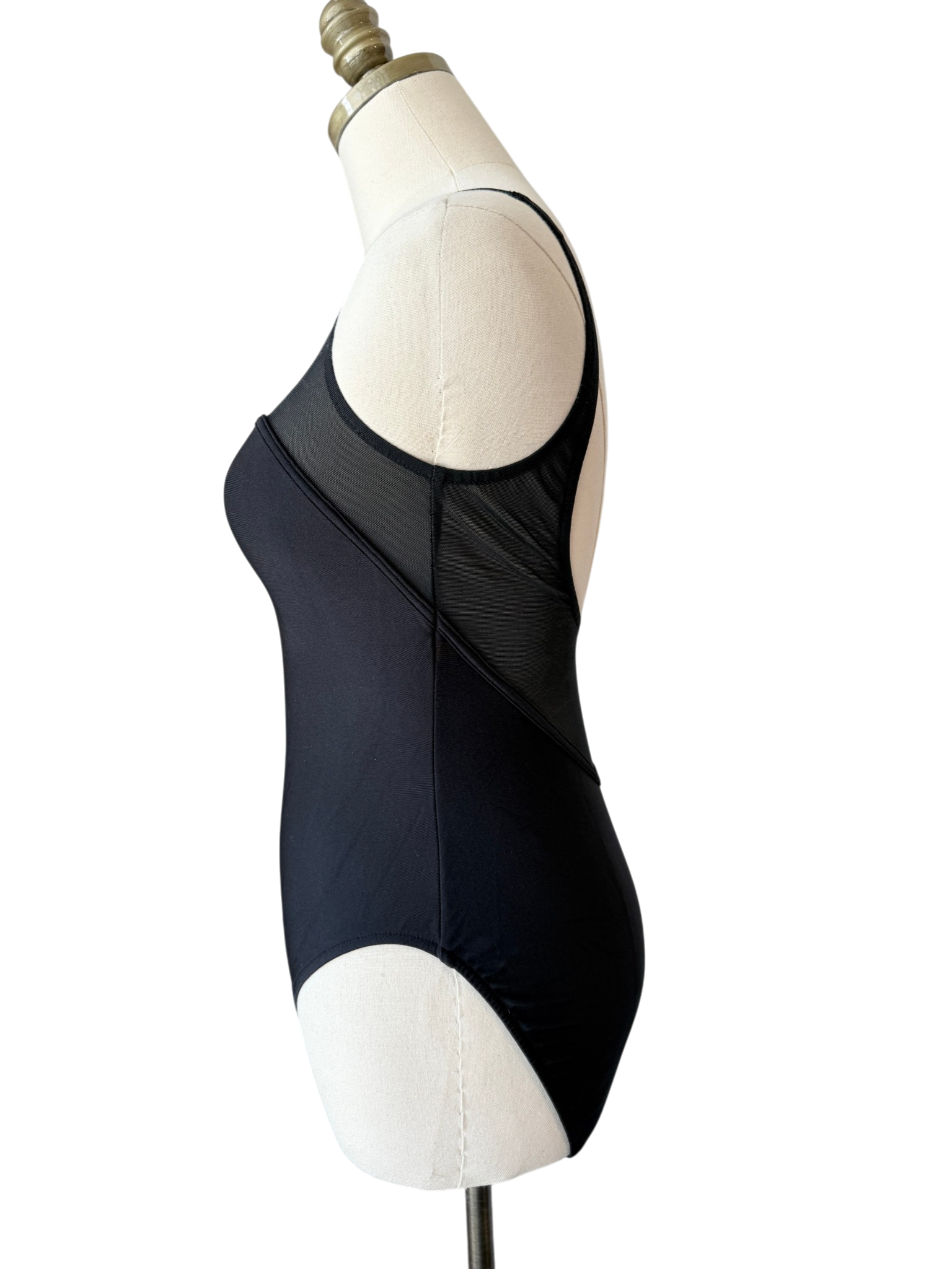 1970s Union Made Black One-Piece Bathing Suit with Mesh Top Detail