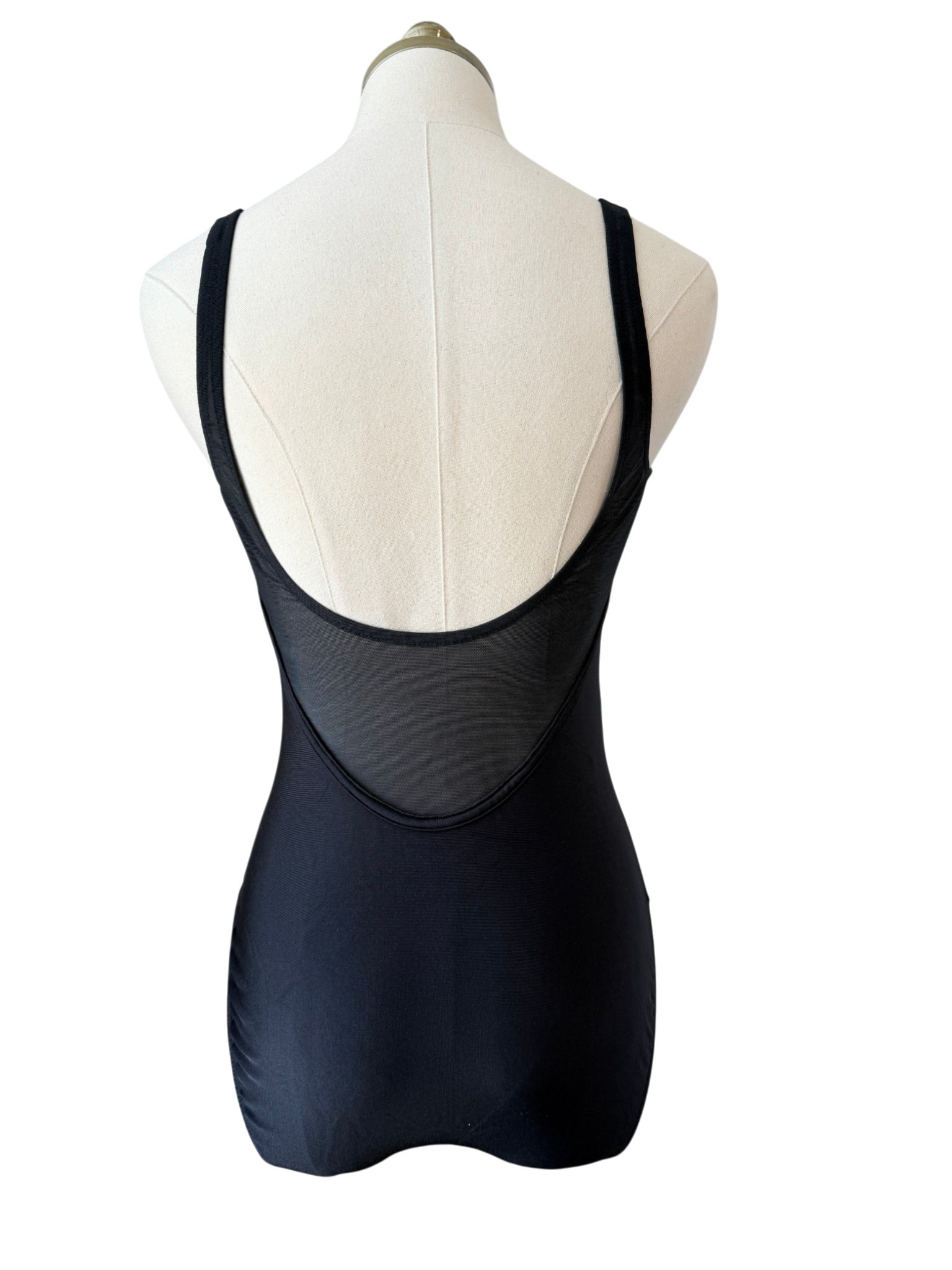 1970s Union Made Black One-Piece Bathing Suit with Mesh Top Detail