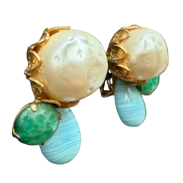 1950s Gold-Tone Green & Aqua Glass Bead Cluster Earrings with Faux Pearl