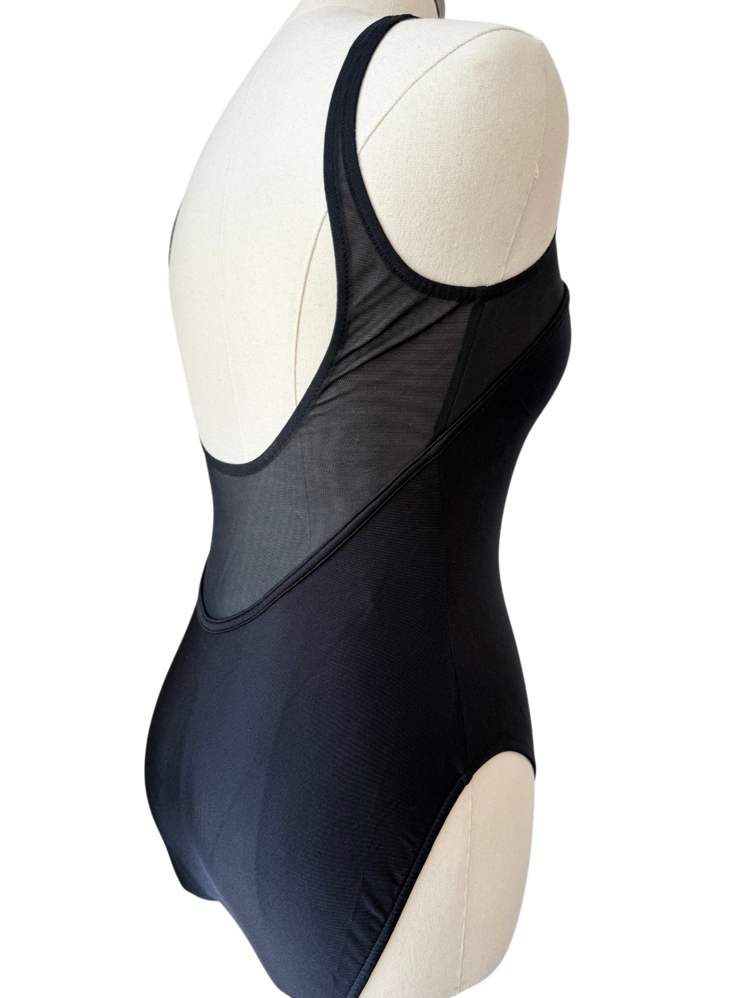 1970s Union Made Black One-Piece Bathing Suit with Mesh Top Detail
