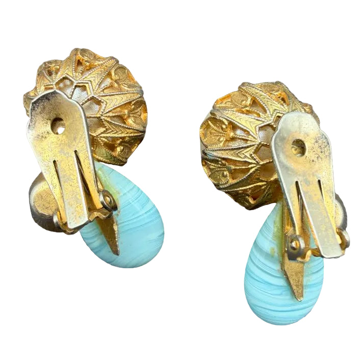 1950s Gold-Tone Green & Aqua Glass Bead Cluster Earrings with Faux Pearl