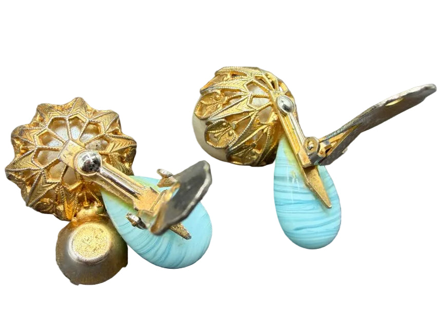 1950s Gold-Tone Green & Aqua Glass Bead Cluster Earrings with Faux Pearl