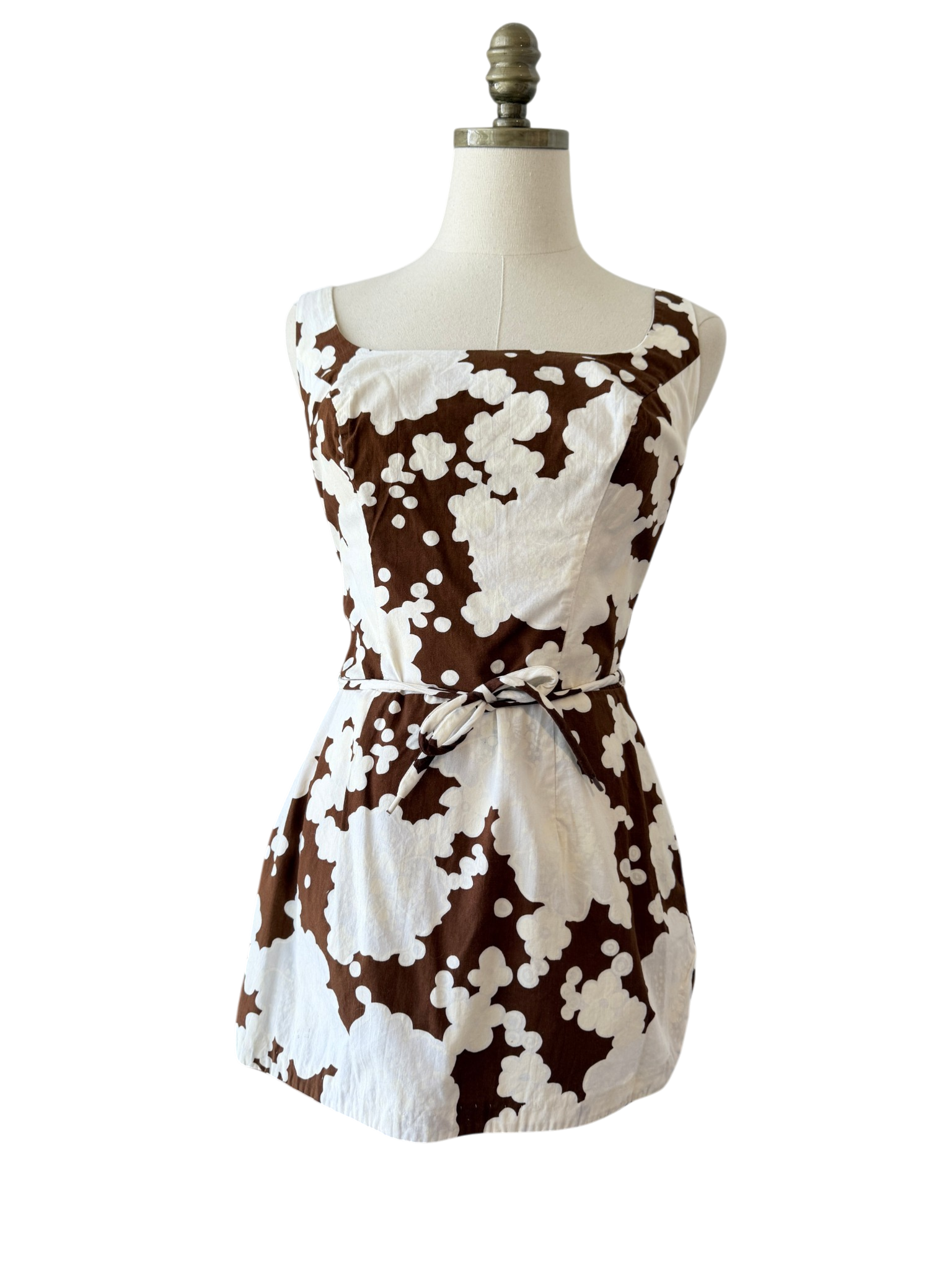 1960s Sears Brown & White Floral Cotton Swimsuit with Rope Belt