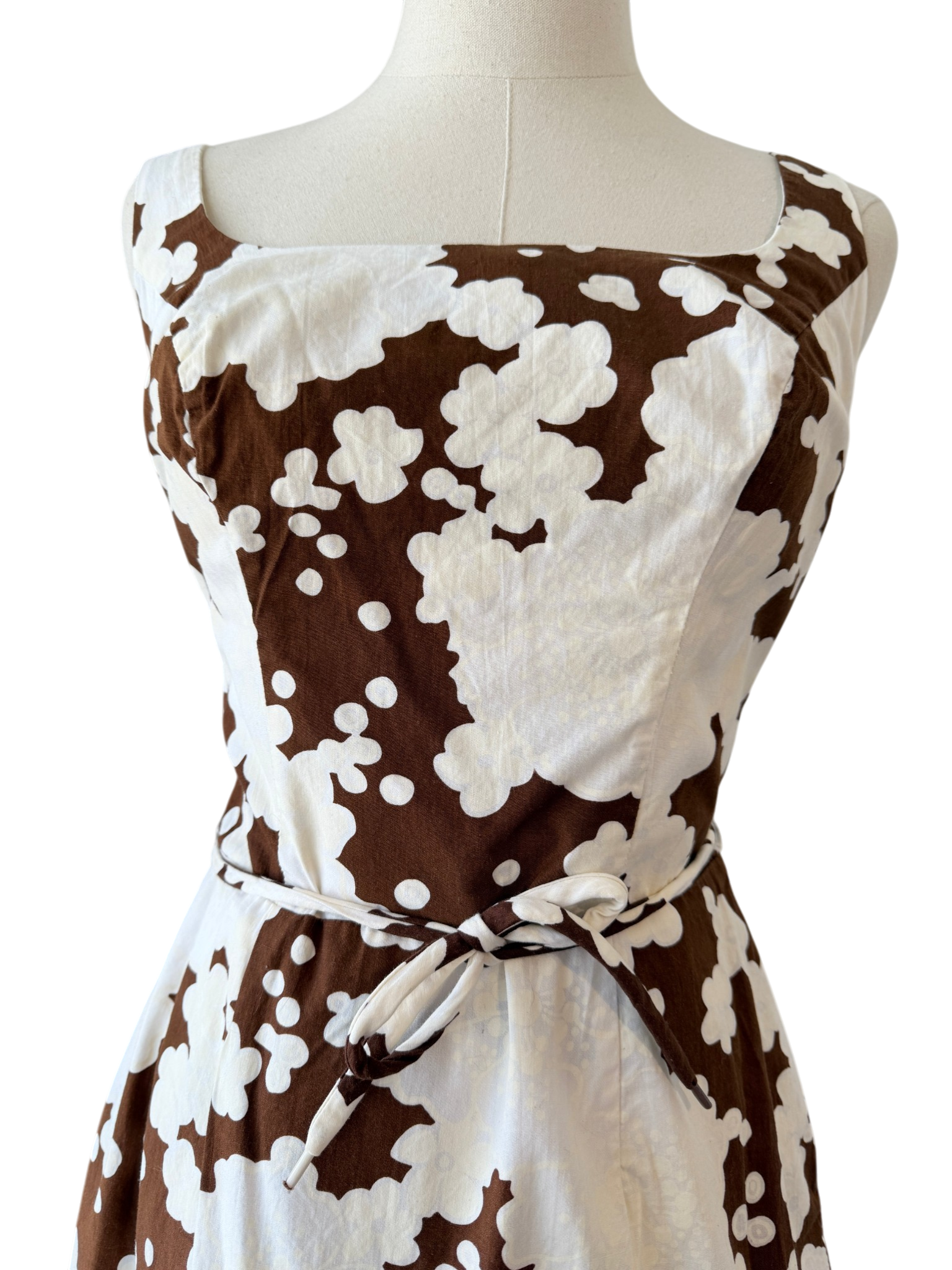 1960s Sears Brown & White Floral Cotton Swimsuit with Rope Belt