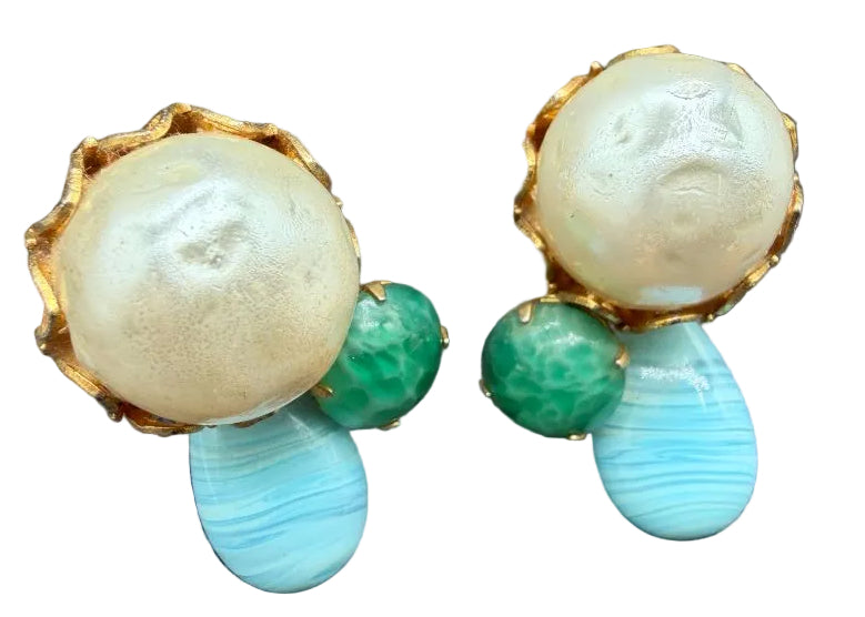 1950s Gold-Tone Green & Aqua Glass Bead Cluster Earrings with Faux Pearl